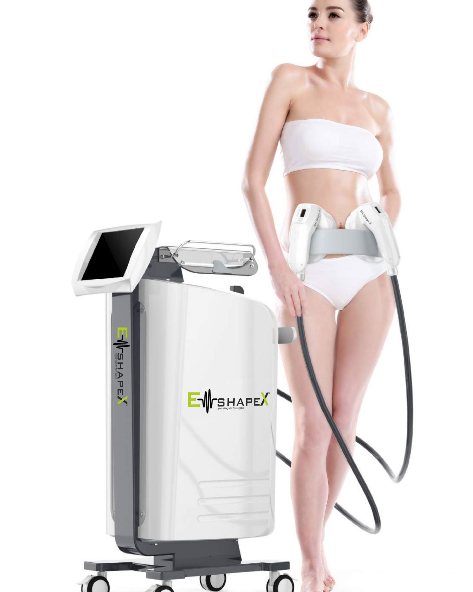 EMShapeX-Gerät mit Touchscreen neben einer Frau, die zwei Applikatoren mit einem Gurt am Bauch trägt