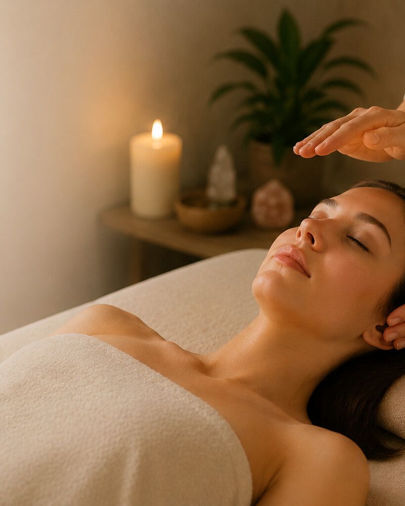 Reiki-Behandlung: Eine Hand schwebt über der Stirn einer entspannt liegenden Frau, dahinter Kerze und Kristalle